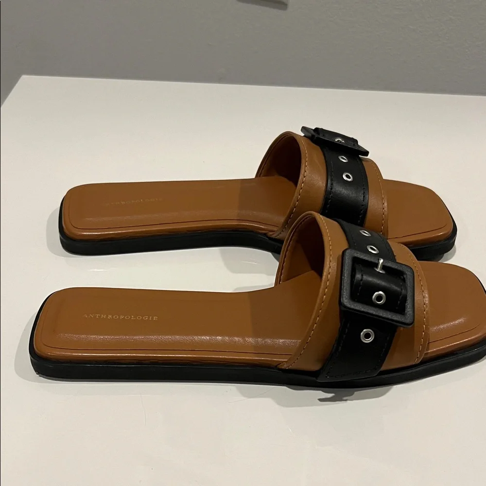 NEW Anthropologie Women’s Leather Tan and Black Buckle Slide Sandals size US 8.5 - Picture 4 of 8